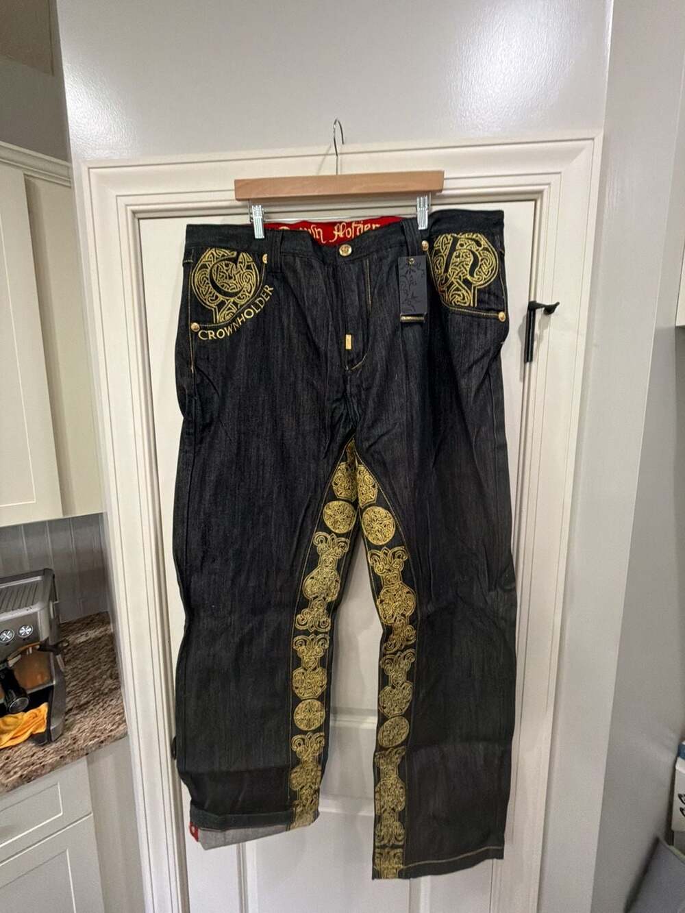 Crown Holder Raw Black Embroidered Denim Jeans HR59751 Size 44x35